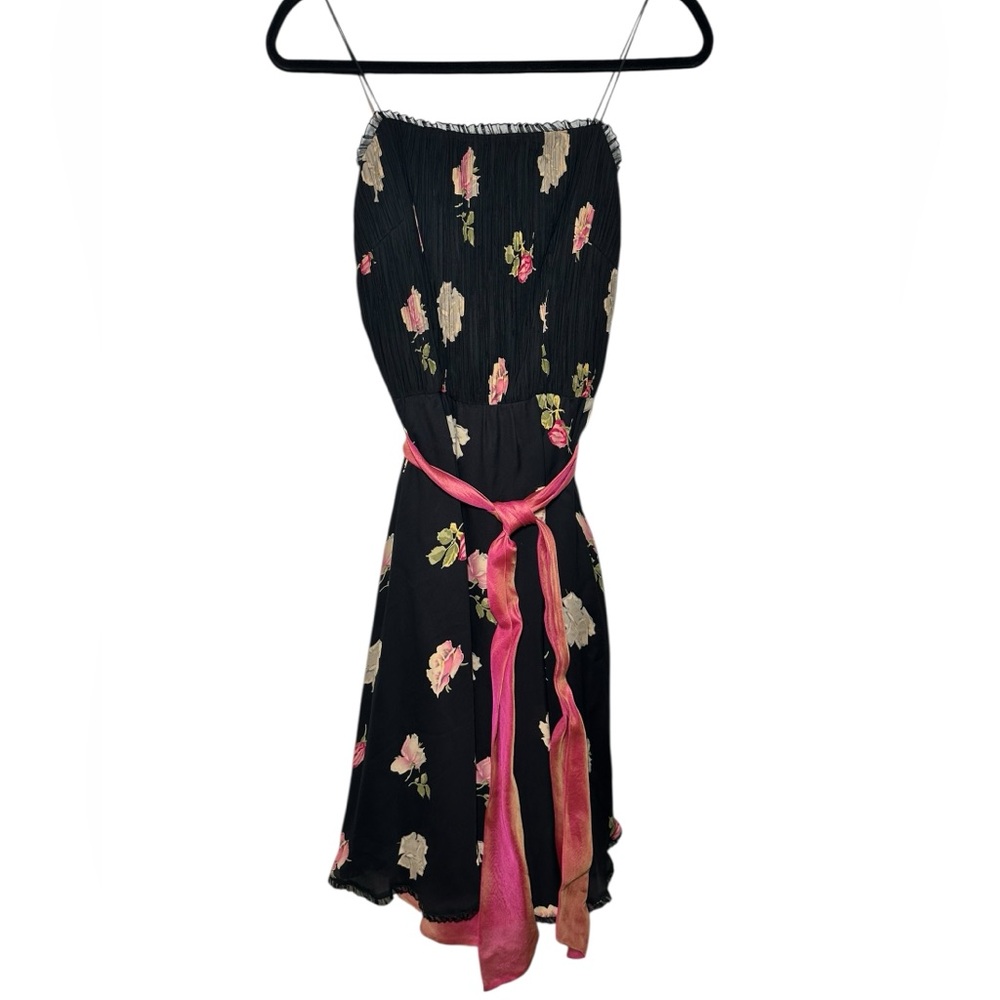 Sara Campbell Floral Pleated Top Silk Dress Y2K Size 10‎ Lined with a Tie Belt